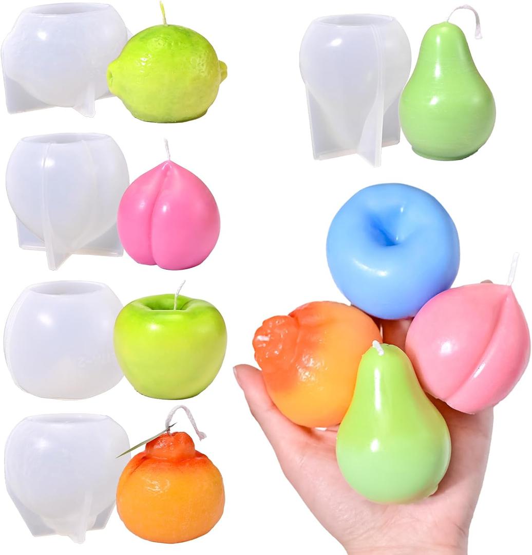 5Pcs Fruit Candle Molds Set, 3D Apple, Pear, Orange, Lemon & Peach Silicone Molds for Candle Making, DIY Scented Wax Candle Soap Epoxy Resin Casting Polymer Clay Art Decor