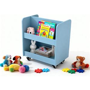 Kids Rolling 27.5''W x 17.7''D x 27.5''H Bookshelf with Wheels, 2-Tier Wooden Bookcase for Children, Open Shelf Montessori Storage Organizer, Non-Toxic Finish for Nursery Playroom Classroom