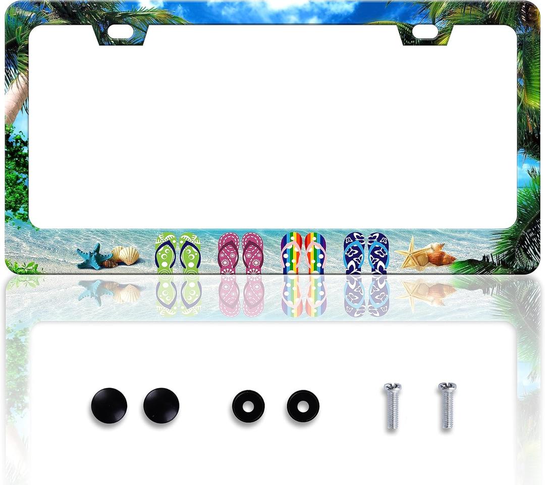 Sea Beach Slippers License Plate Frame Hawaiian Palm Tree License Plate Frames Personalise Stainless Steel Funny Design Compatible with Standard License Plate Holder for USA and Canada 6 X 12 Inch