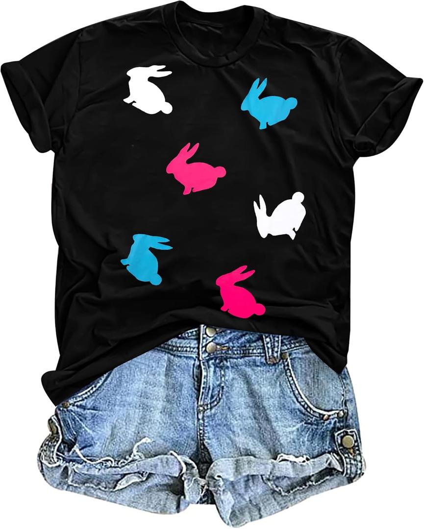 Easter Bunny Shirts for Women Happy Easter Shirts Funny Bunny Graphic Tees Easter Vacation Clothes Tops Black (Black, XXL)