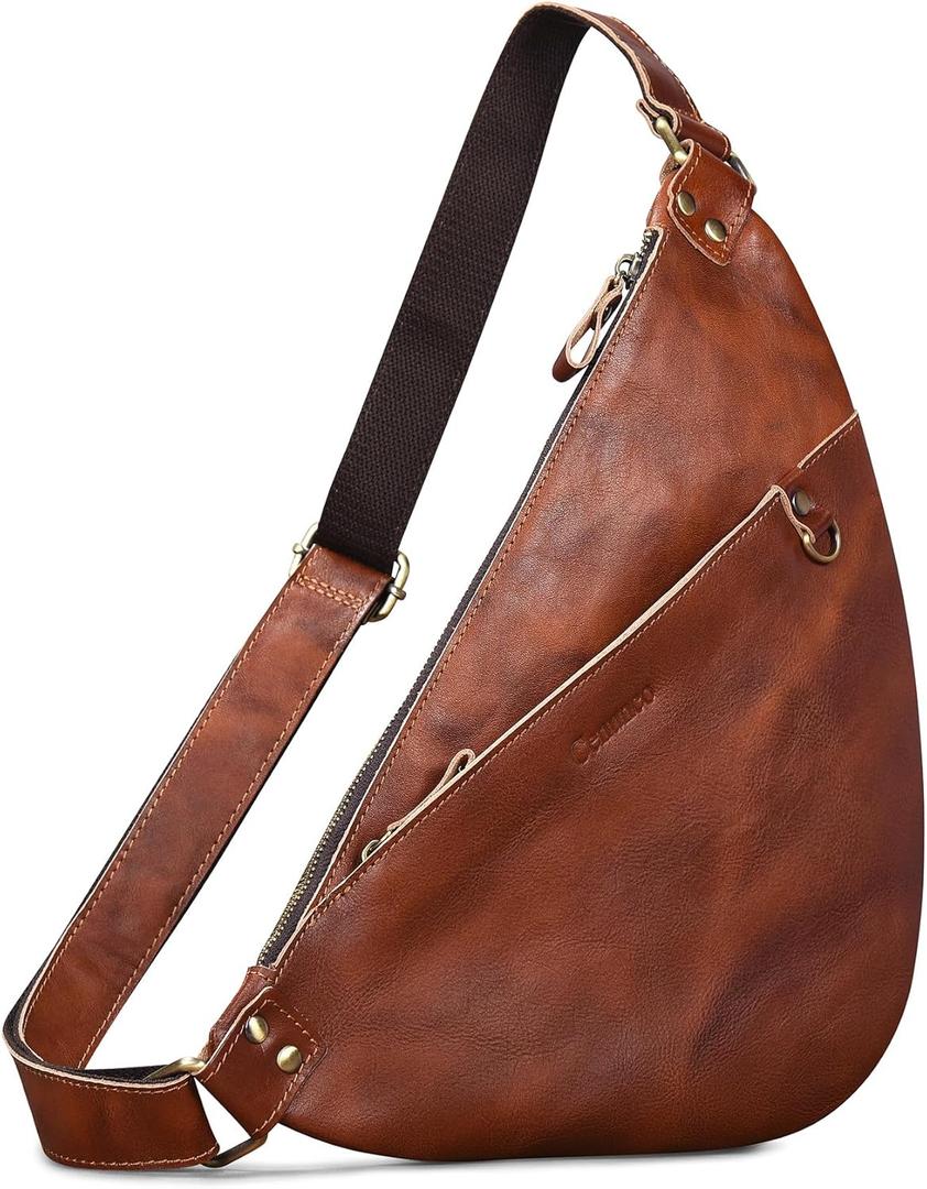 Genuine Leather Sling Bag for Men and Women Lightweight Crossbody Shoulder Bag Chest Purse Sling Backpack (Brown)