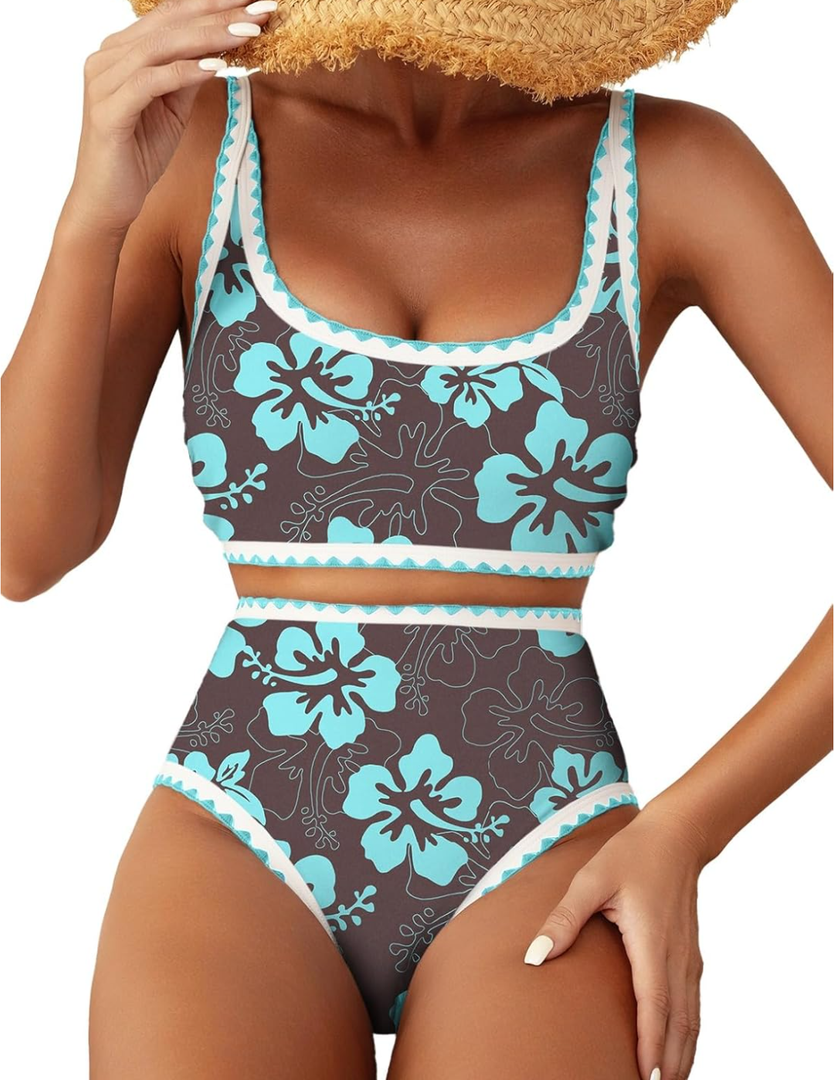 Herseas Women's Bikini Sets Floral Print Whip Stitch 2 Piece Swimsuits High Waisted Scoop Bathing Suits XL
