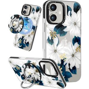 Case for iPhone 16 Case Compatible with Magsafe Ring Holder Stand - for Women Blue Flower Design TPU Phone Cover for Girls Girly Funny Fashion