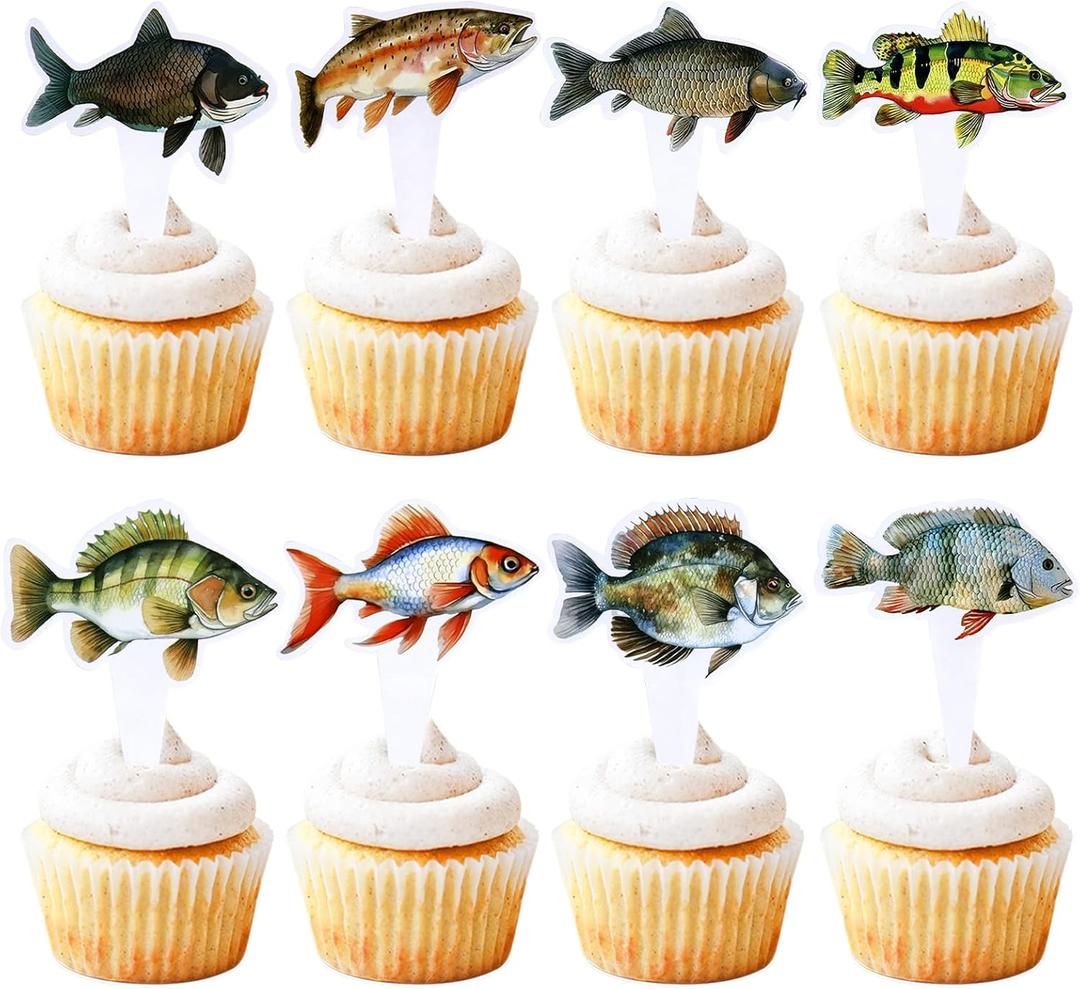 24pcs Fish Cupcake Toppers Go Fishing Theme Decorations Baby Shower Boys Girls Happy Birthday Party Tropical Party Cake Picks Under The Sea Decoration Suppliestwo-sided
