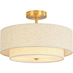 16" Semi Flush Mount Ceiling Light, 3-Light Gold Drum Ceiling Light Fixture with 2-Tier Fabric Linen Shade, Farmhouse Chandelier for Dining Room, Living Room, Bedroom, Kitchen, Hallway, Entryway