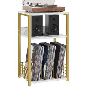 Large White Marble Record Player Stand with Golden Metal Frame, 3 Tier 18" Wide Big End Table with Vinyl Storage Up to 130 Albums, Industrial Turntable Printer Tables for Living Room, Office