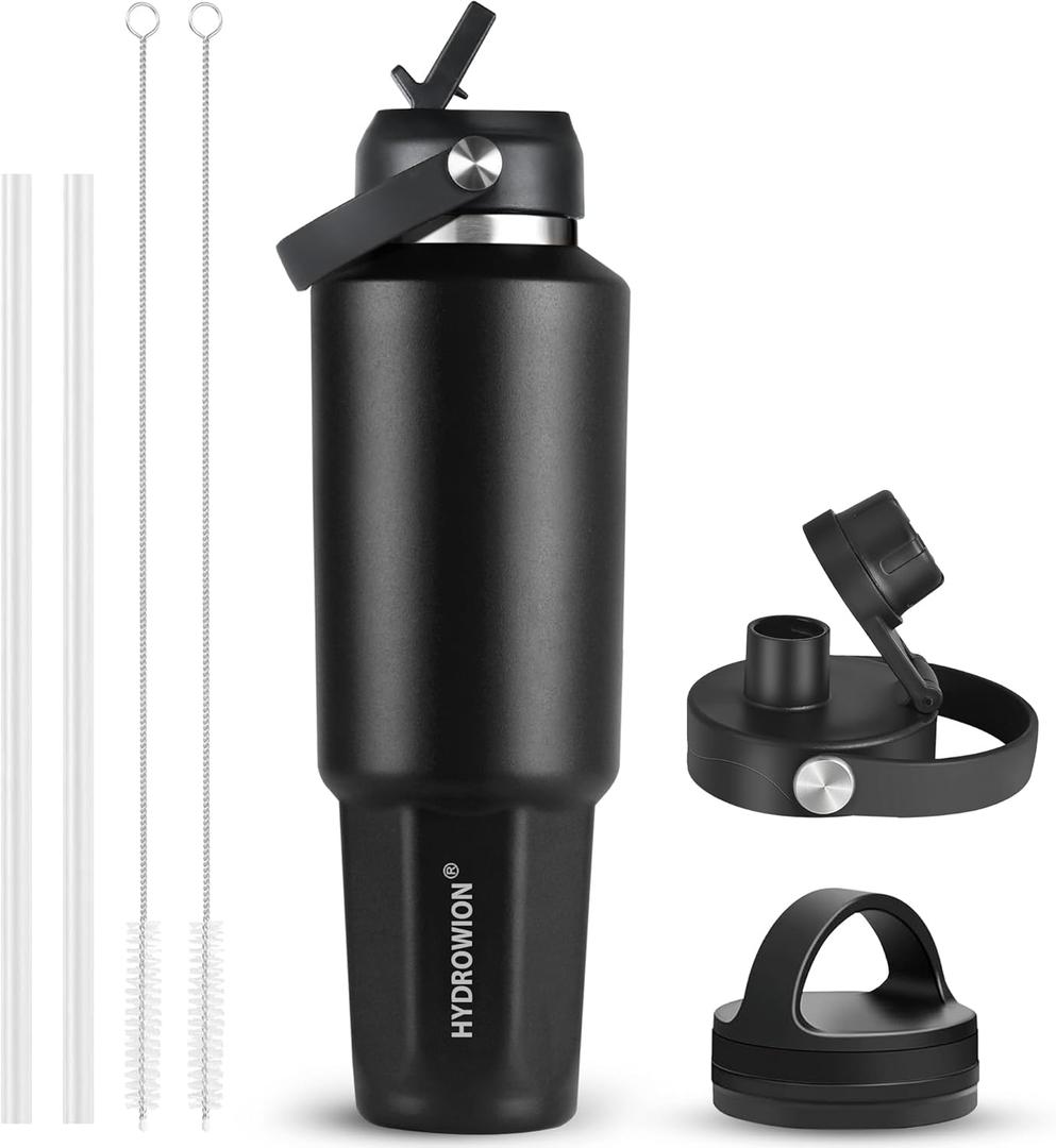 HYDROWION 40 oz Insulated Water Bottle, Car Water Bottle Holder - Double Wall Vacuum Insulated Travel Bottle with Straw Lid, Spout Lid and Flex Cap - Cold for 24H, Hot for 12H, Black