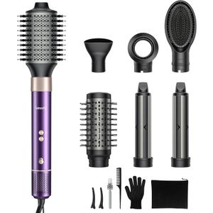 7 in 1 Blow Dryer Brush and Hair Dryer, Hot Hair Styler with Negative Ion 110,000 RPM Hair Straightener Brush for Fast Drying Straightening Curling Voluming, Suitable for All Types,Purple