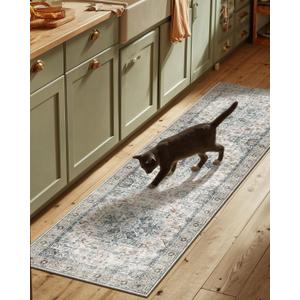 Machine Washable Kitchen Runner Rugs: 2'6"x8' Hallway Runner Rug Non Slip Low Pile Stain Resistant Soft Carpet Runners for Hallways Indoor Entryway Kitchen Laundry Room Beside Farmhouse (Brown And Green)