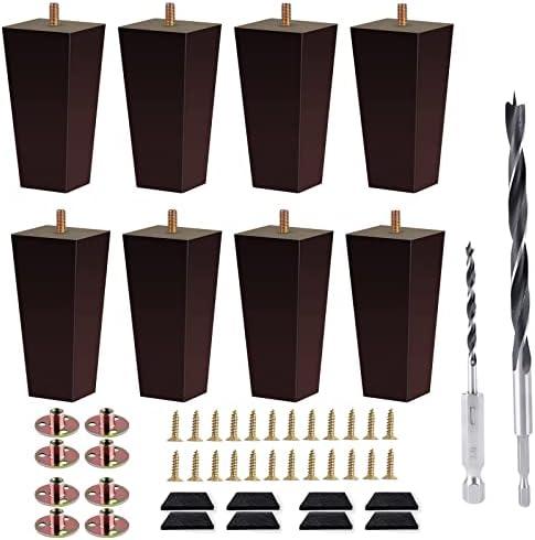 Txcucc Sofa Legs Square Bed Feet 5 inch Wood Replacement Leg for Furniture Set of 8, Dark Brown…