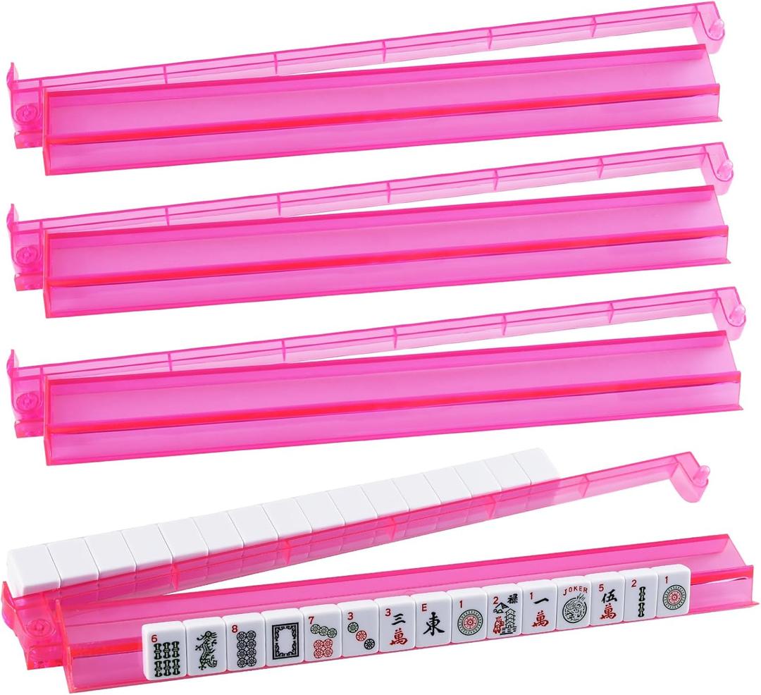 All-in-One Tile Rack & Pusher, Clear Acrylic Mahjong Combo, Modern American Majiang Tile Set of 4 (Pink)