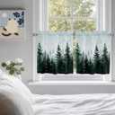 Pine Tree Forest Kitchen Curtain 24 Inch Length Small Short Cafe Tiers Curtains Drape, 2 Panel Window Treatment Rod Pocket Drapery Panels Curtains, Green Landscape Nature Decor 55x24