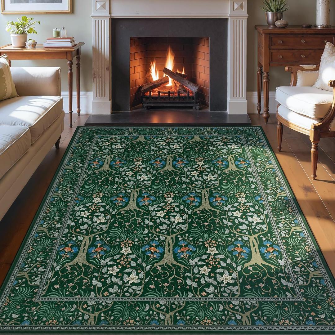 Joydeco Washable Rugs 5x7, Boho Dark Green Floral Bedroom Rug Non Slip, Soft Low-Pile Botanical Forest Indoor Floor Throw Carpet for Dining Table Living Room Playroom Dorm Home Office