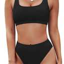 Pink Queen Women's Crop Top High Waisted Cheeky Bikini Set Two Piece Swimsuits (Large, 01 - Black)