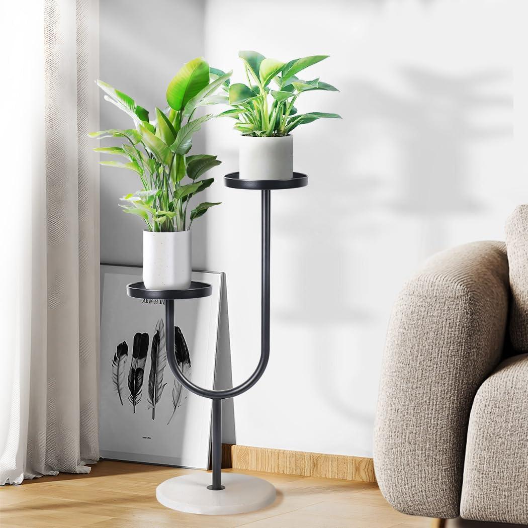 U-Shaped Plant Stand Indoor, Quartz Stone Base Indoor Outdoor Metal Tall Plant Stand, Balcony Iron Rustproof Pot Rack, 2 Potted Corner Plant Stands,Living Room Decor Plant Rack (Black)