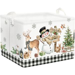 Clastyle Brown Plaid Snowman Christmas Tree Gift Basket Large Winter Deer Gnome Truck Snowflake Nursery Bin Cube Collapsible Rectangle Kid Clothes Toy Book Shelf Basket (40*30*30 cm)