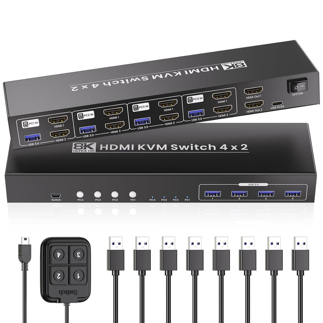 8K@60HZ 4K@120Hz HDMI KVM Switch 2 Monitors 4 Computers with 4 Port USB 3.0 Hub, 4 Port Dual Monitor HDMI KVM Switch for 4 Computers Share 1 Set of Keyboard, Mouse and 2 Monitors