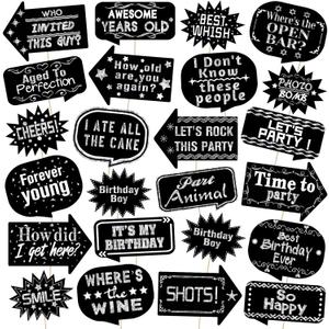 Outus 24 Pieces Photo Booth Props Birthday with Stick Happy Birthday Weddings Graduation Prom Bday Wedding New Year Party Supplies Funny Photo Booth Pose Signs Selfie for Men Women(Silver)