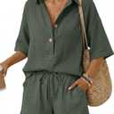 LILLUSORY Women 2 Piece Linen-feel Short Set Summer Outfit, Army Green Small