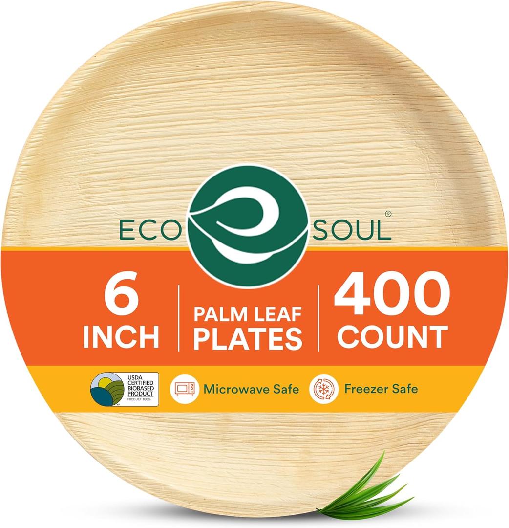 ECO SOUL 400 Count Round Palm Leaf Plates of 6 Inch - Disposable, Eco-Friendly, Biodegradable Bamboo Plates - Perfect for Parties, Catering, Weddings & Large Events