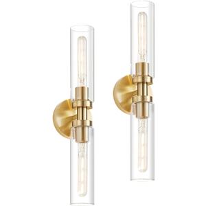 Lanhall 2 Light Bathroom Wall Sconce Set of 2,Modern Farmhouse Brushed Brass Gold Bathroom Light Fixture Over Mirror with Clear Glass Shade,Vanity Light for Hallway Cabinet Bedroom Stairway Porch
