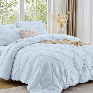 Sasttie Queen Comforter Set, 7-Piece Bed in a Bag, Pintuck Bedding Sets for All Season, Includes Comforter, Flat Sheet, Fitted Sheet, Pillowcases and Pillowshams, Light Blue