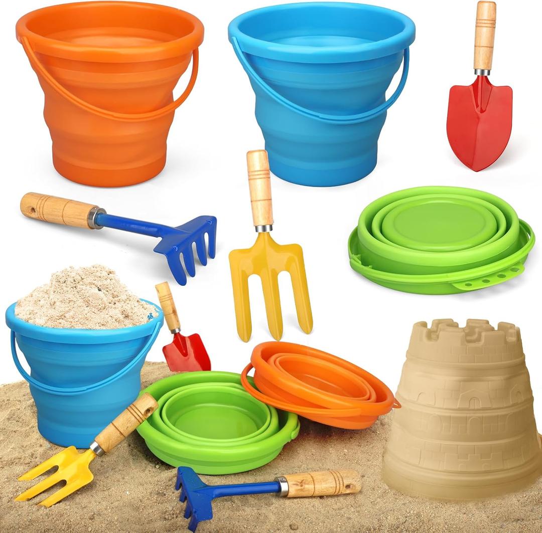 Dilabnba 3PCS Foldable Buckets with 3PCS Metal Shovels, Beach Toys Gardening Tool for Kids Adults, Collapsible Beach Bucket Sand Pail, Water Bucket for Beach Fun Summer Vacation, Easter Buckets