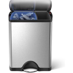 simplehuman Rectangular Dual Compartment Recycling Kitchen Step Trash Can, 46 Liter, Brushed Stainless Steel