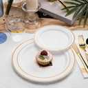N9R 700PCS Gold Disposable Dinnerware Set for 100 Guests, White Plastic Plates with Gold Rim, Include 100 Dinner & Dessert Plates, Plastic Silverware Set, Cups, Napkins for Party and Wedding