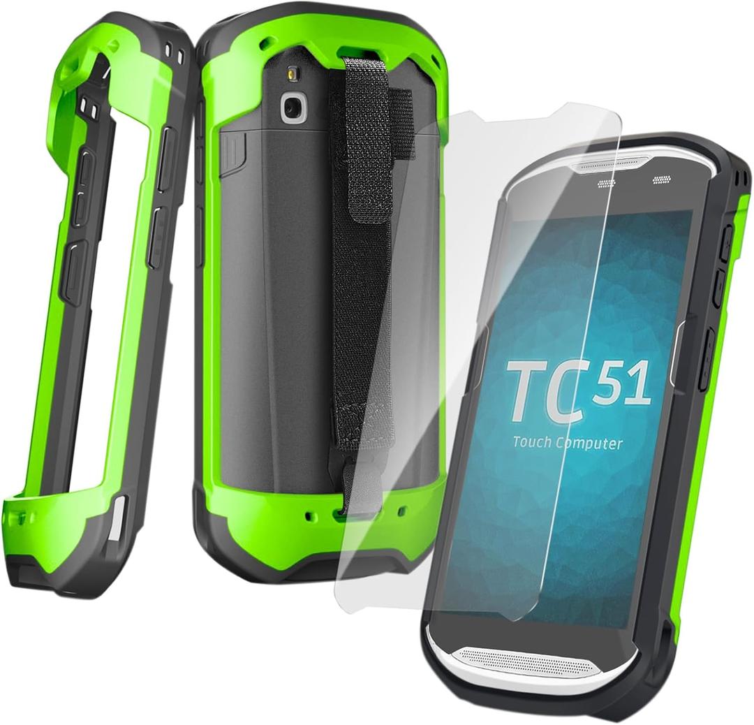 Upgraded Protective Case for Zebra TC51 TC52 TC56 TC57 TC510K Rugged Boot Case Cover for Zebra Scanner TC52x TC57x TC52ax with Hand Strap & Tempered Glass (Green)