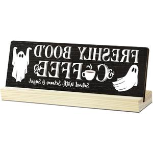 Halloween Table Decor Coffee Ghost Wooden Sign, Farmhouse Ghost Tabletop Centerpiece Decorative Coffee Bar Block Signs for Home Office Kitchen Shelf(mh07)