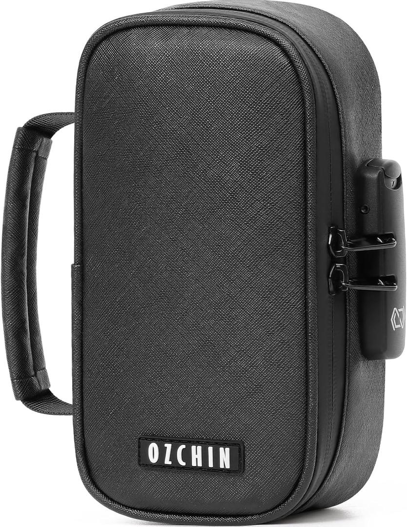 OZCHIN Smell Proof Bag with Combination Lock File Organizer Case Container Medicine Lock Box Odorless Storage Bag Great Gift for Friend (Black, S)