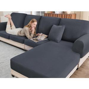 Sectional Couch Covers for Sofa Cushion L Shaped Couch Cover Washable Soft Couch Cushion Covers Stretch Sofa Slipcovers with 2 Pcs Pillowcases(3-Piece 2 Seater + 1 Chaise, Dark Grey)
