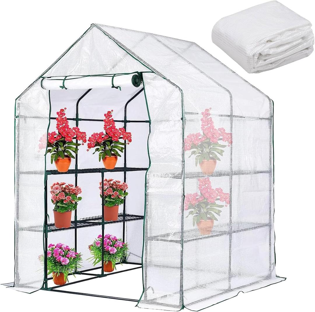 Walk-in Greenhouse Replacement Cover with Roll-Up Zipper Door 56x56x76 inch PVC Plant Gardening Greenhouse Cover for Gardening Plants Cold Frost Protection Wind Rain Proof (White Frameless)