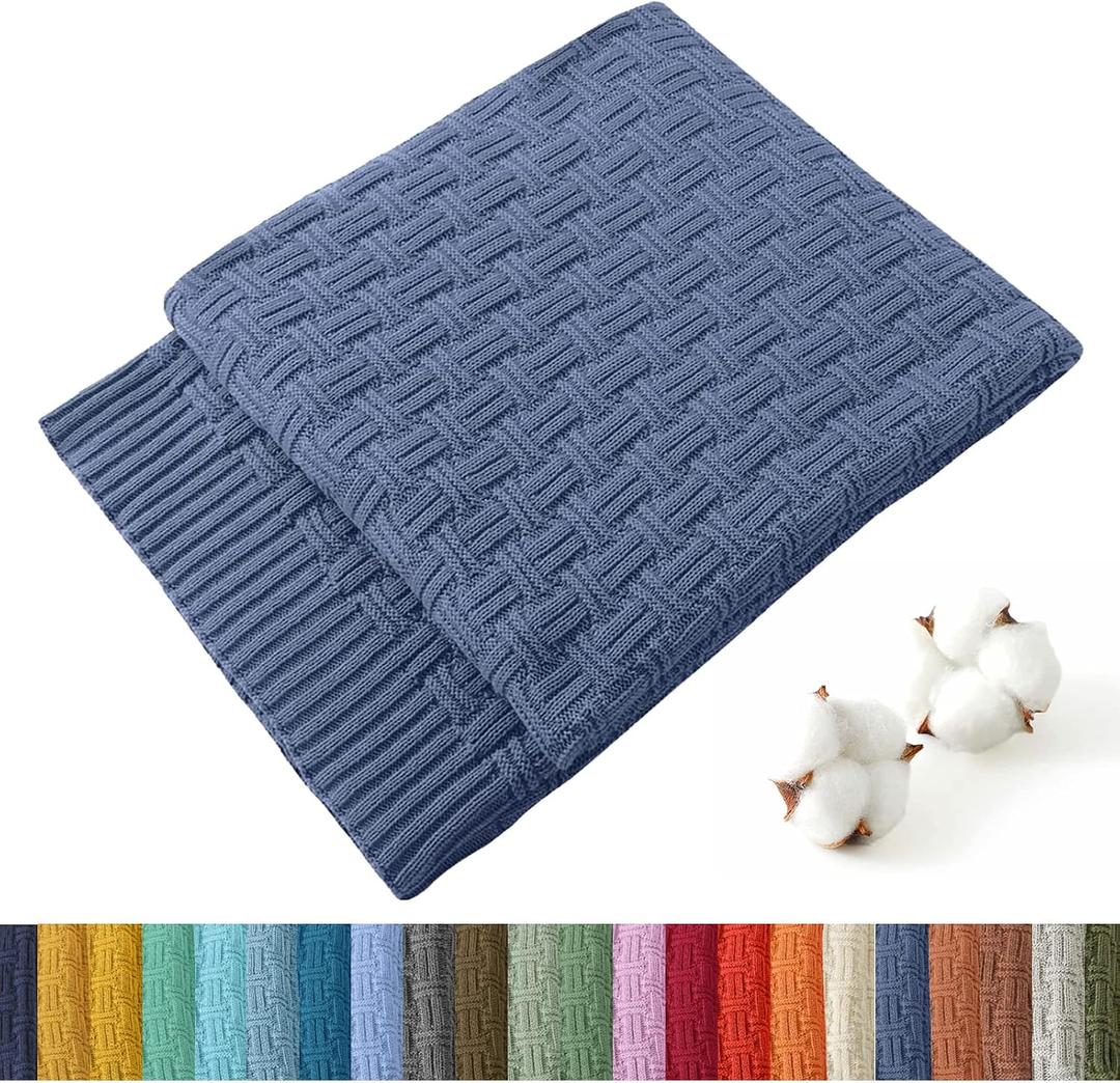 TREELY 100% Cotton Knitted Throw Blanket Couch Cover Blanket(50 x 60 Inches, Dusty Blue)