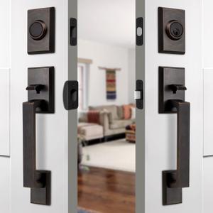 Moquin Double Front Door Lock Set, Oil Rubbed Bronze Square Front Door Hardware Set with Dummy, Heavy Duty Door Handle with Deadbolt, Double Entry Door Lock Set with Reversible Handle