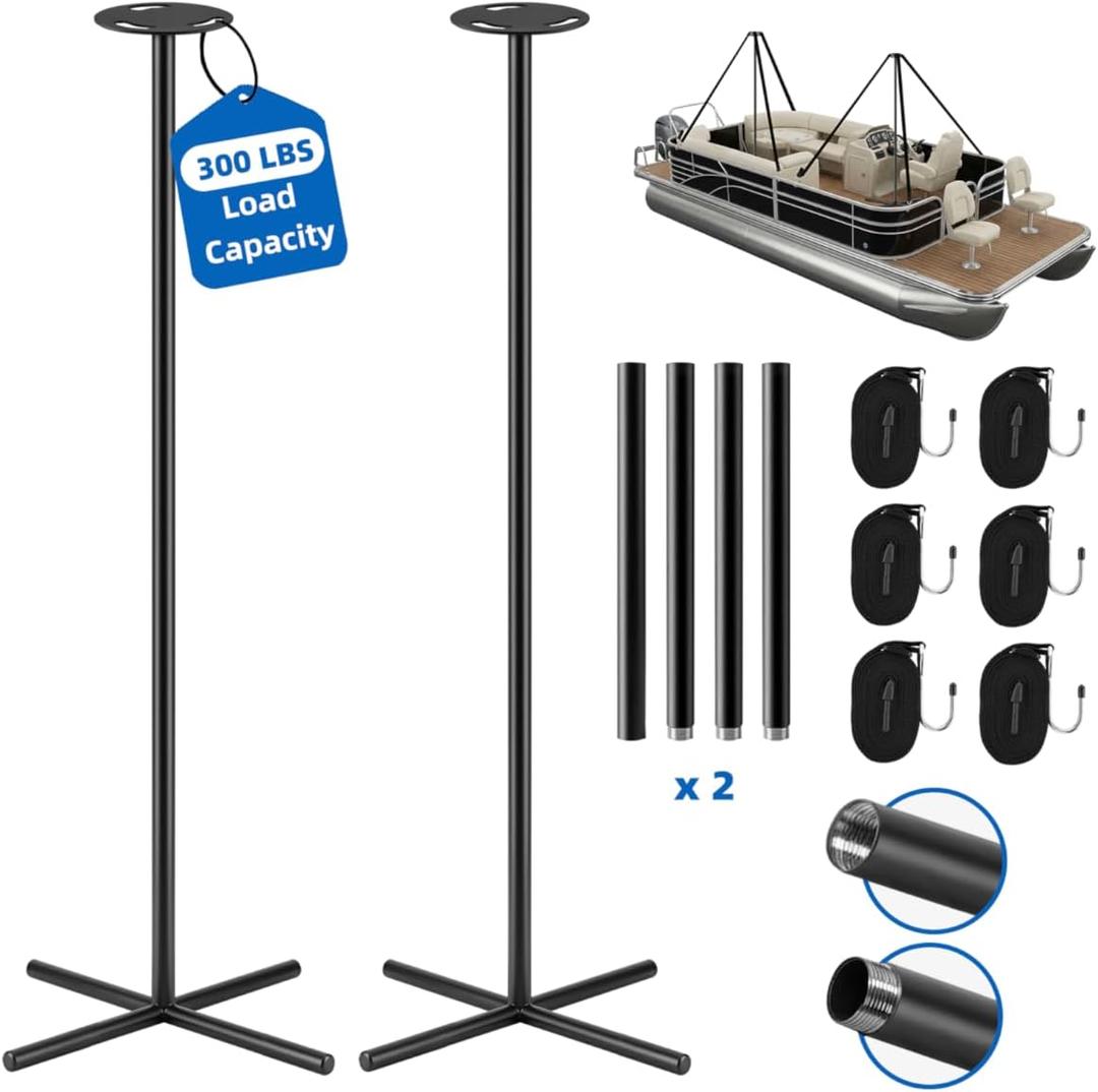 Boat Cover Support Poles System Heavy Duty 2 Pcs, 25”to 62” Sectional Adjustable Steel Boat Tarp Support Poles with Cross Base & Webbing Strap for Jon, V-Hull, & Pontoon Boats