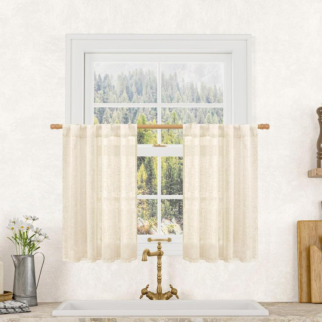LAMIT Beige Linen Kitchen Curtains 30 Inch Length, Semi Sheer Light Filtering Window Panels Back Tab and Rod Pocket Drapes for Basement/Small Windows, 25 x 30 Inch, 2 Panels
