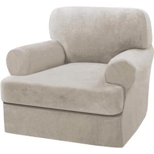 H.VERSAILTEX Sofa Cover 2 Piece T Cushion Armchair Slipcovers Thick Velvet Couch Cover Stretch T Cushion Sofa Covers for 1 Cushion Couch with 1 Individual T Cushion Covers Washable, Oatmeal