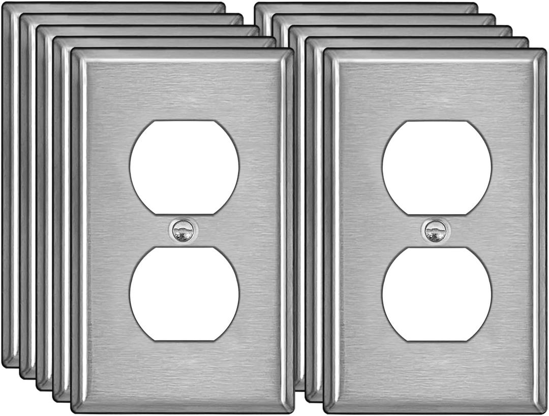 BESTTEN 10 Pack Duplex Receptacle Metal Wall Plate with Protective Film, 1 Gang Standard Industrial Stainless Steel Outlet Cover, Durable Corrosion Resistant, Brushed Finish, Silver (1 Gang Duplex 10PK, Brushed Stainless Steel)