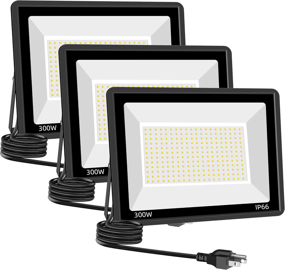 Sunkkes 3 Pack 300W Warm White Flood Lights Outdoor, 36000LM Super Bright Flood Light, Exterior Security Light, IP66 Waterproof Floodlight for Yard, Court, Garden, Workshop, Billboard