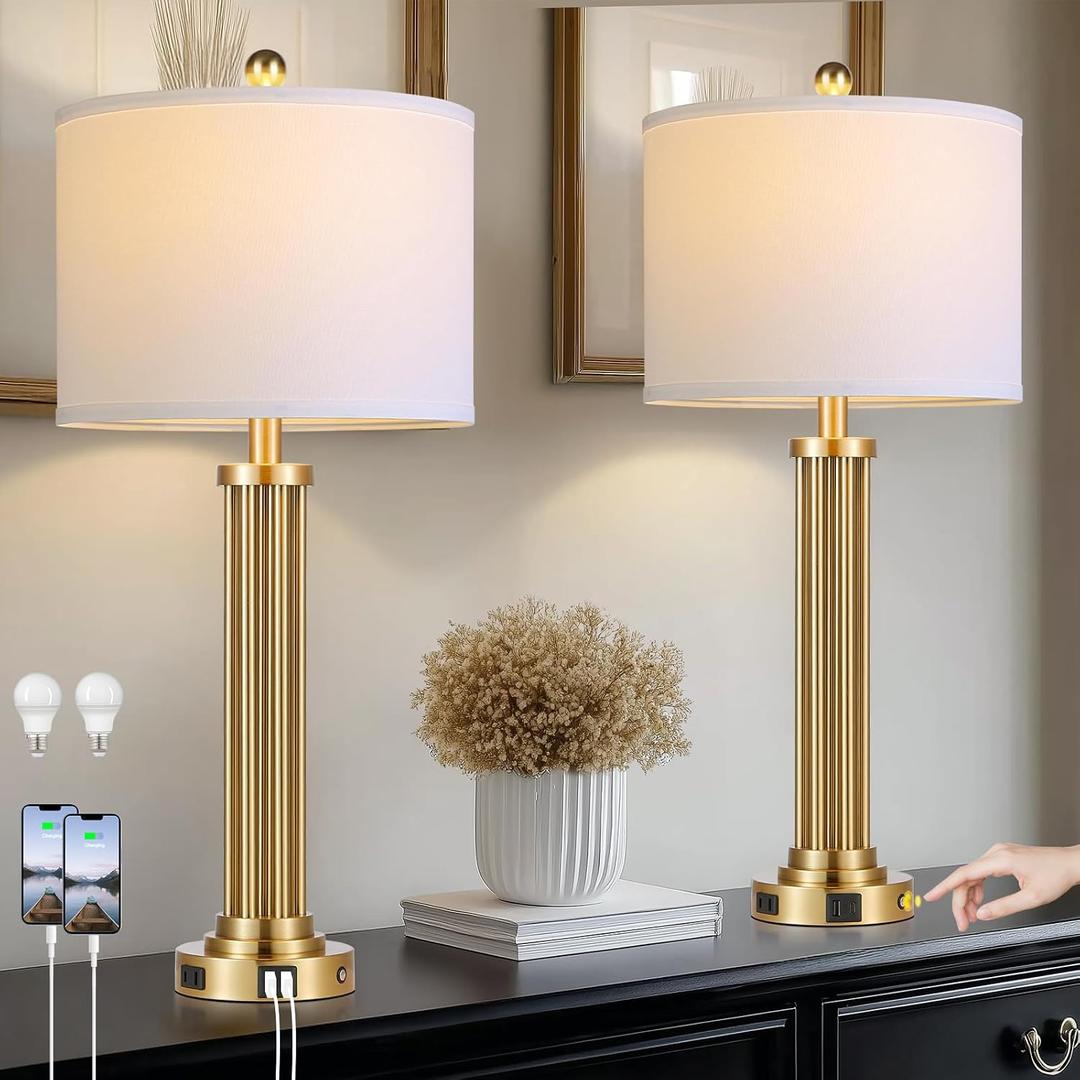 28" Tall Modern Table Lamps Set of 2 with USB C+A Ports and AC Outlet, 3 Way Touch Metal Bedside Lamps for Bedroom, Gold Nightstand Lamps for Living Room