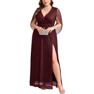 CYCLAMEN Plus Size Sparkly Formal Dress Cape Sleeve V Neck A Line Side Split Maxi Evening Gown Wedding Guest Prom Dresses, Burgundy, 3X