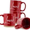 Lighthouse Christian Products Powerful Words Loved 15 ounce Ceramic Stoneware Coffee Mug Pack of 4, Red