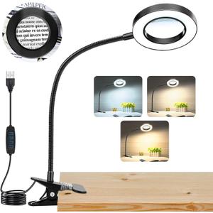 10X Magnifying Glass with Light, Clip on Mganifier with Light, 48 LED Desk Magnifying Glass wtih Clamp, 3 Modes Dimmable Magnifying LED Lamps for Bed Work Crafts DIY Repair (Black)