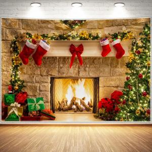 12x8ft Christmas Fireplace Theme Backdrop for Photography Soft Wrinkle Free Fabric Tree Sock Decorations for Xmas Party Supplies Photo Background Pictures Banner Studio Decor Booth Props (12ft by 8ft)