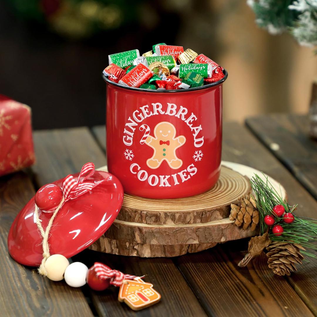 Nefelibata Christmas Candy Bowl Ceramic Canister Tiered Tray Decor Xmas Candy cane Holder with Buffalo Plaid Bowknot Candy Slice Wood Beads Home Table Centerpiece Decoration Supplies Gift Idea