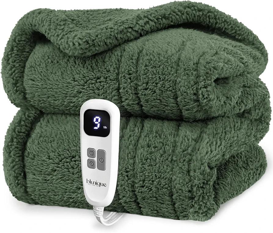Blunique Heated Blanket Electric Blanket Throw - Fast Heating Blanket Throw Double Sided Sherpa Ultra Soft Cozy with 10 Heating Levels & 2-10 Hours Auto Off, Mashine Washable, 50 x 60 Inches, Green