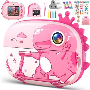 Kids Camera Instant Print, 20MP 1080P Ink Free Instant Print Camera for Kids, Dinosaur Instant Camera for Kids Aged 3-10, Toddler Camera for Kids Christmas Birthday Gifts (Pink) (Pink)