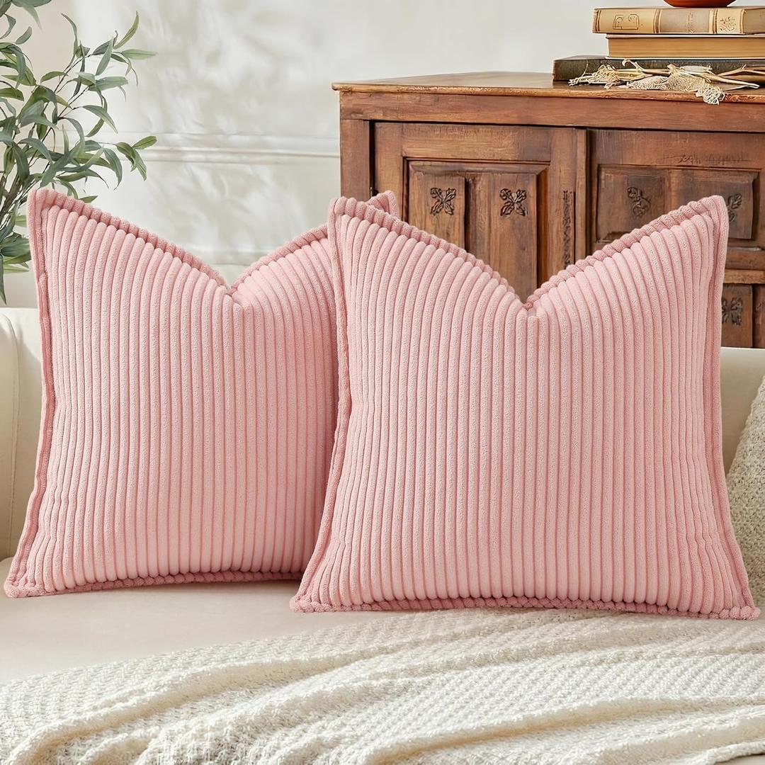 Mecatny Corduroy Summer Throw Pillow Covers 22x22 Set of 2, Neutral Decorative Soft Boho Couch Pillow Covers with Broadside for Sofa Living Room, Pink